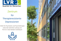 Bild ist der Titel für das Zentrum für therapieresistente Depressionen am LVR-Klinikum Essen und zeigt links nach Logo mit dem Namen und rechts den Eingang des LVR-Klinikum Essen.