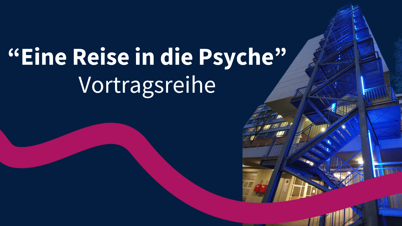 Auf dem Bild rechts ist unsere Außentreppe blau beleuchtet zu sehen. Darüber zieht sich ein Flow in der Farbe weinrot. Schriftzug links: